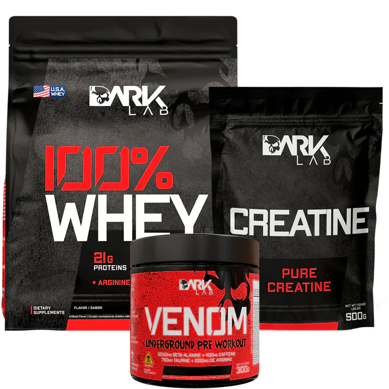 Creatina Pura Refil 500g + Whey 100% 900g Refil + Venom Pré Workout 300g Dark Lab